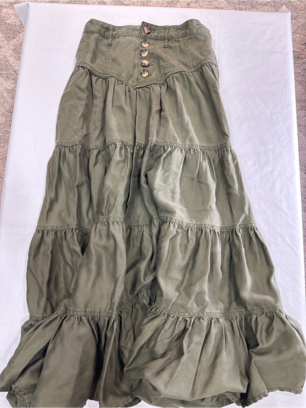 Anthropologie Olive Green Tiered Maxi Skirt with Button Front